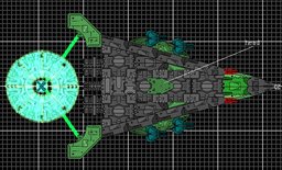 this is the ship itself, the green head in he middle points at enemy target which is being attacked like a radar<br /><br />the circle at the back is a &quot;warp drive&quot; which contains a teleporter with a range of 2000 units.