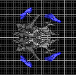 The blue shields I could have done better with, I might replace them eventually, but for now they look like that.<br /><br />Each shield as 4k health, and the ship core itself has 2.35k. a beefy ship if you ask me, but then again they have like 4.7 billion universes at the very bare minimum, so we can kinda say they're [i]underpowered[/i] yea?<br /><br />2x Double tube missile lauchers,<br />2x Argos cannons,<br />2x Xaron Railguns.